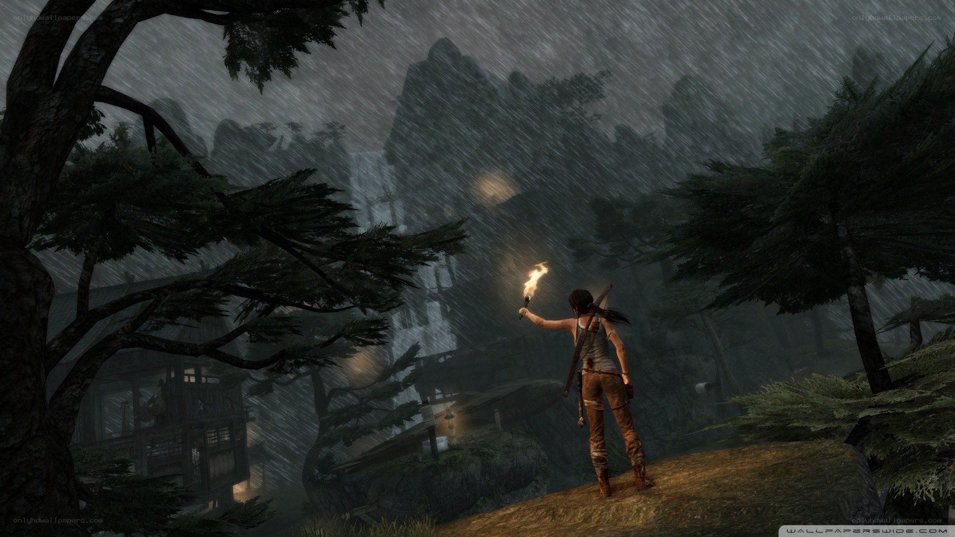 Lara Croft in a stormy forest