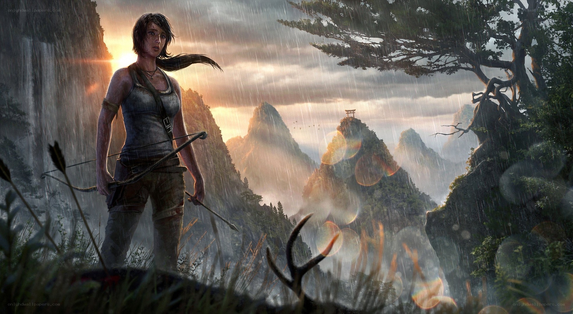 Lara Croft in a stormy landscape