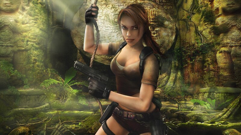 Lara Croft in ancient jungle