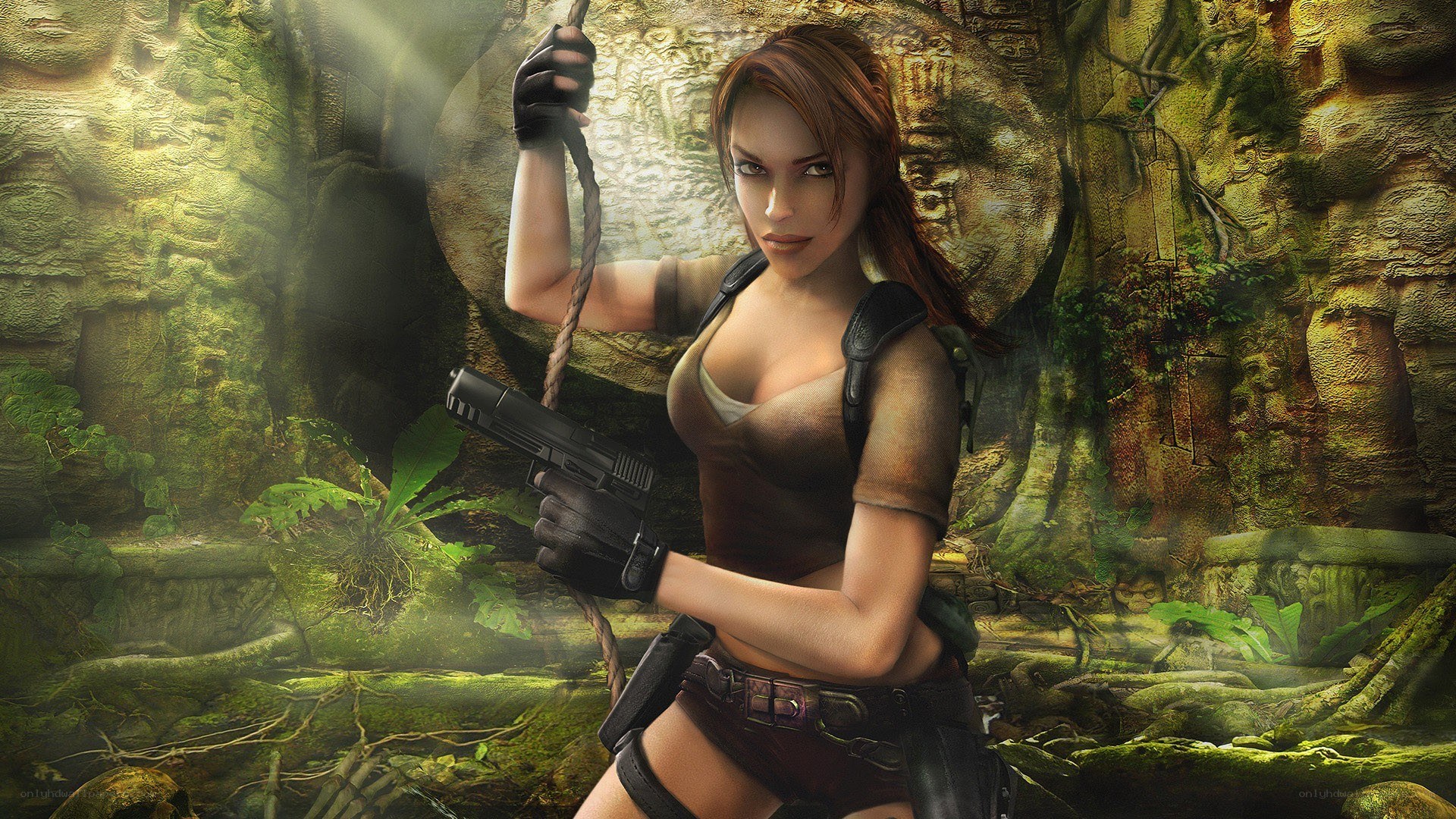 Lara Croft in ancient jungle