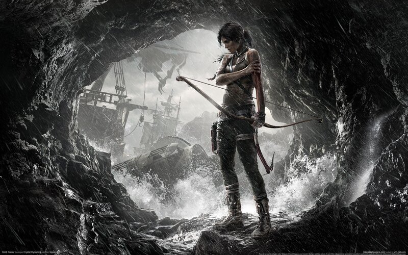 Lara Croft in Cave — Black, Dramatic, Digital Art, Bow and Arrow