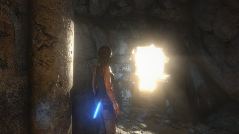 Lara Croft in Cave — Gray, Dramatic, 3d Render, Torch