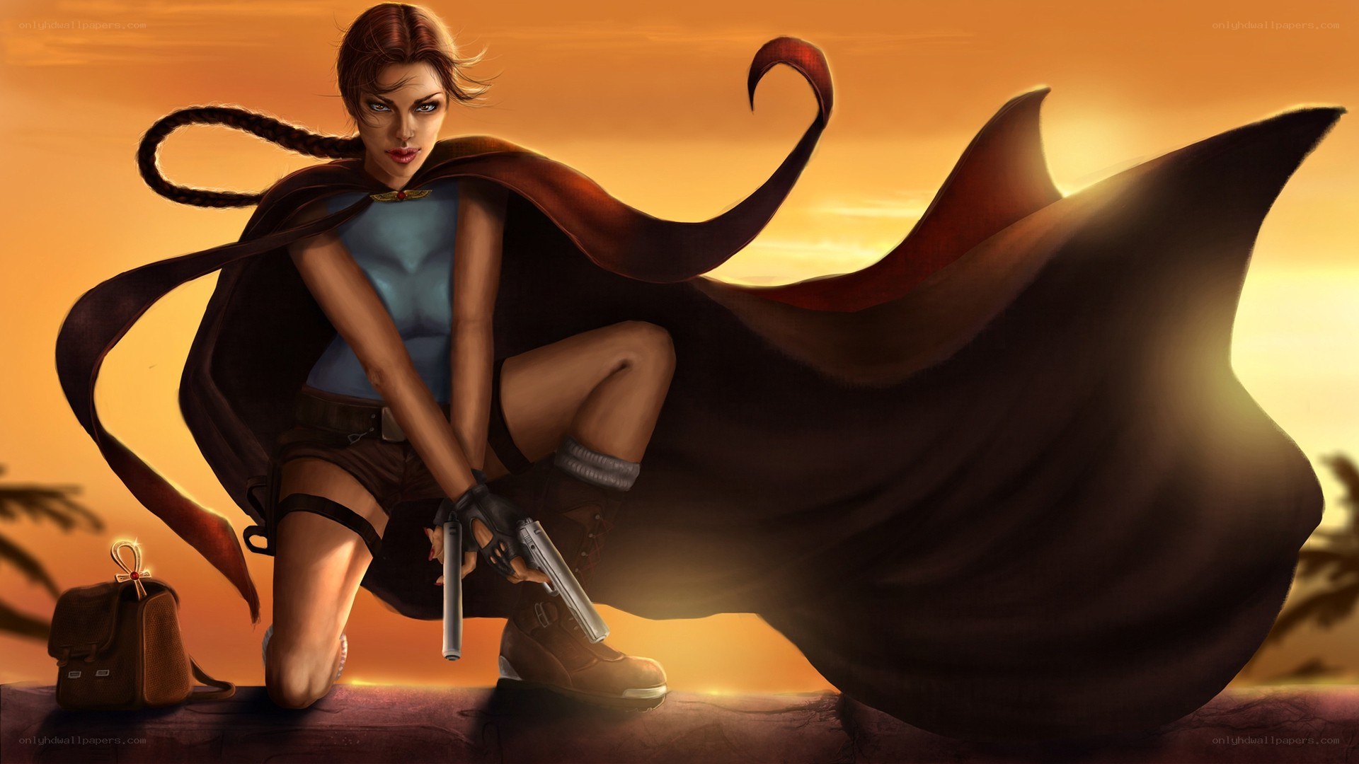 Lara Croft in desert sunset