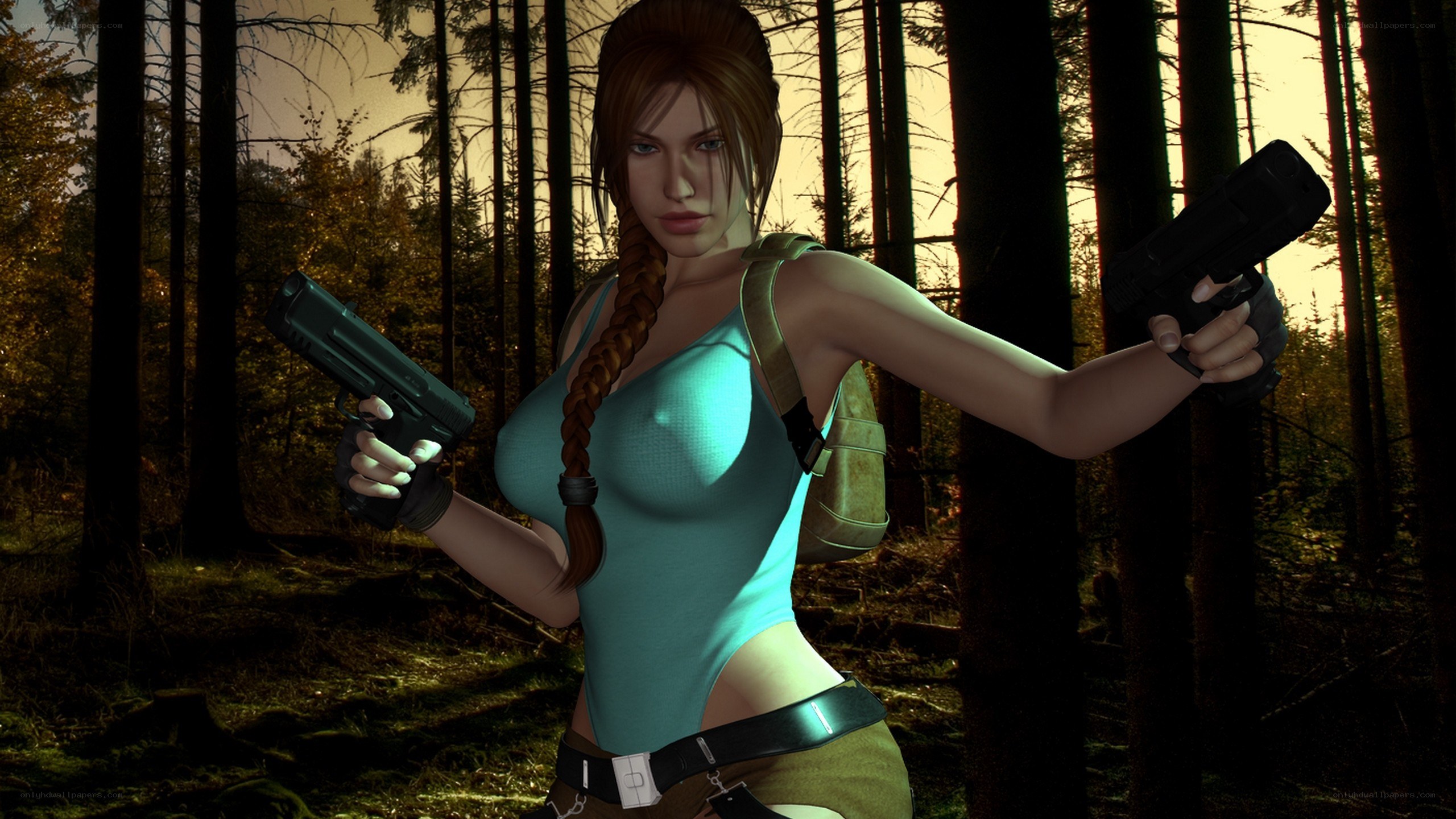 Lara Croft in forest with guns