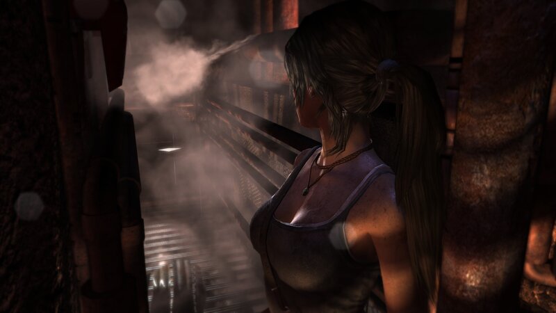 Lara Croft in Industrial Setting — Brown, Dark, Tense
