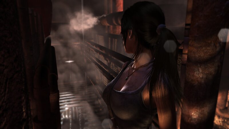 Lara Croft in Industrial Setting — Brown, Tense, Mysterious