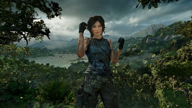 Lara Croft in Jungle — Green, Dramatic, Afternoon, 3d Render, River, Mountains