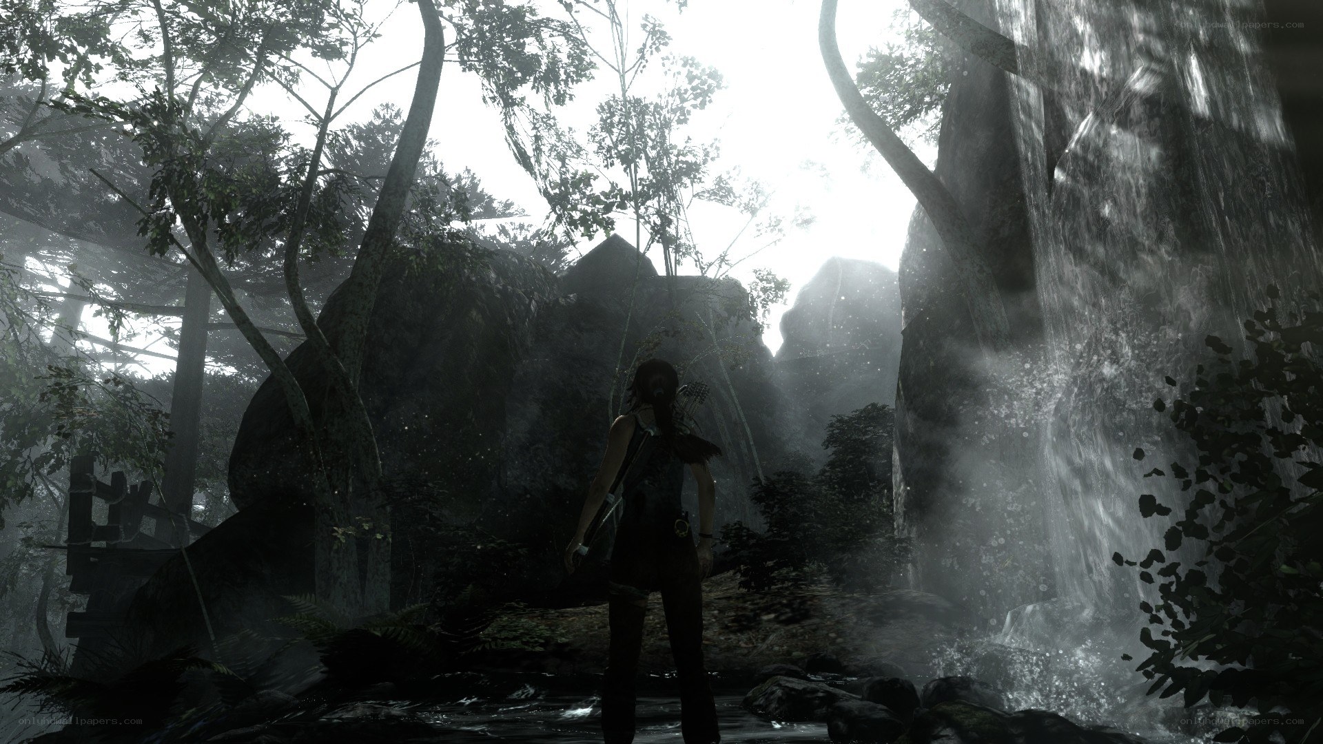 Lara Croft in jungle waterfall
