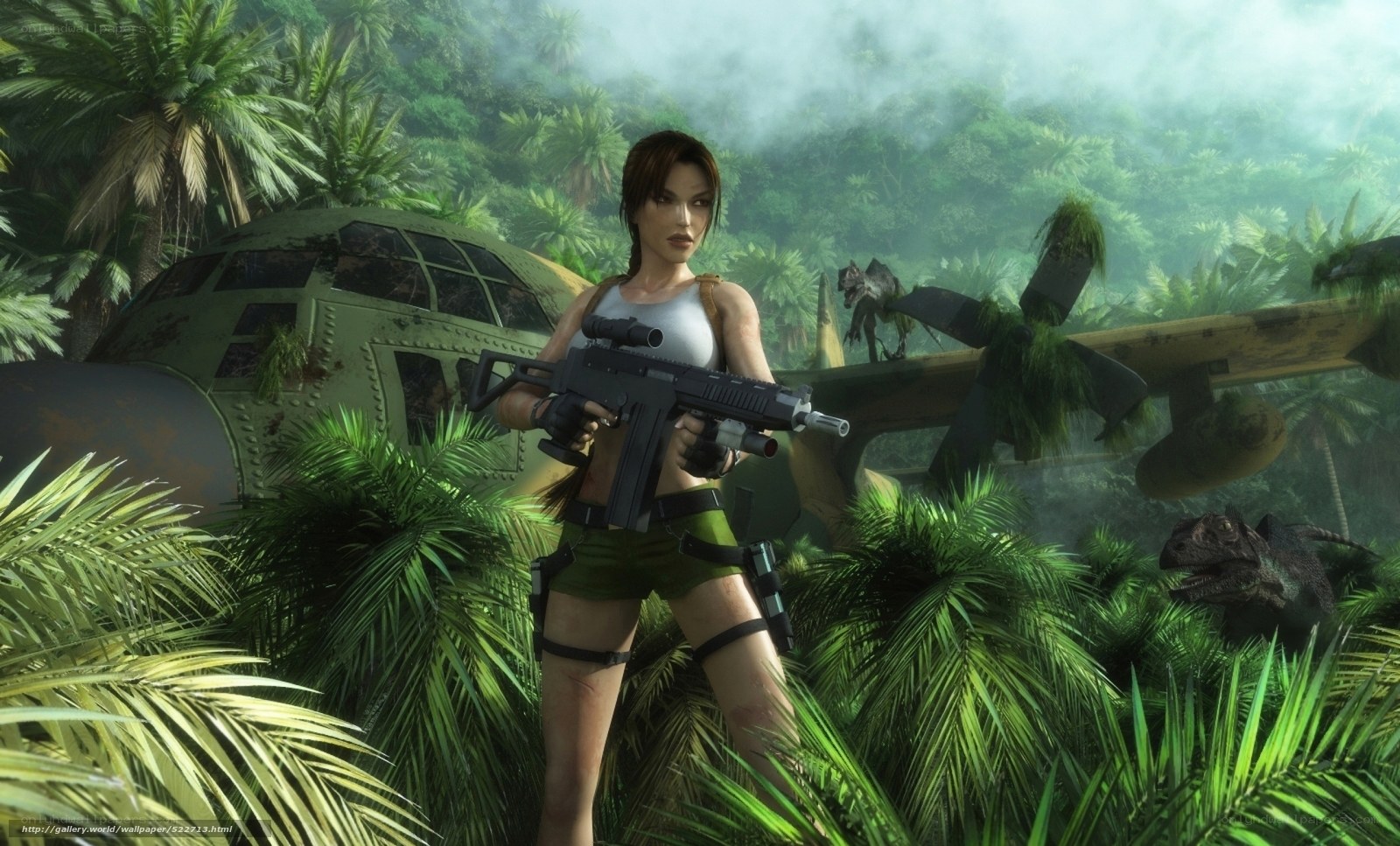 Lara Croft in jungle with gun