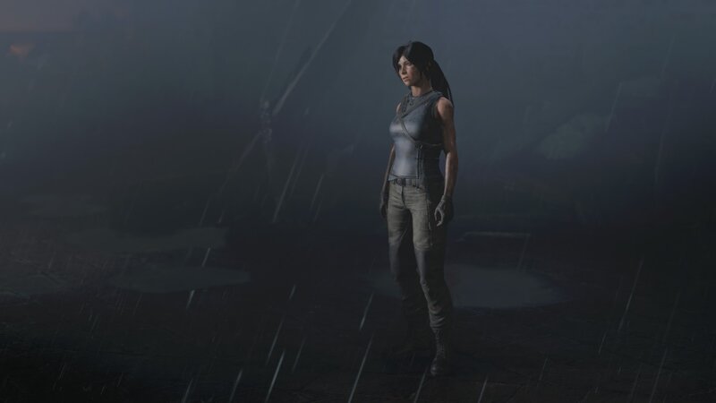 Lara Croft in Rain — Gray, Dramatic