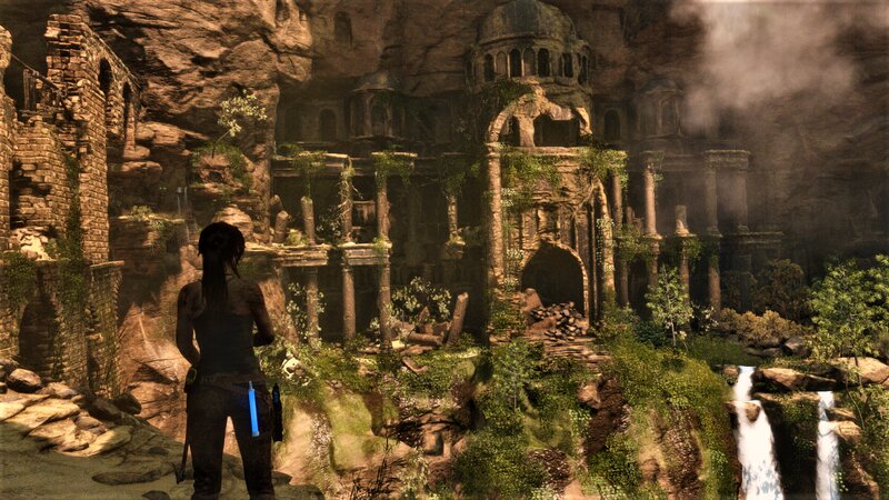 Lara Croft in Ruins — Brown, Dramatic, 3d Render, Waterfall, Cave
