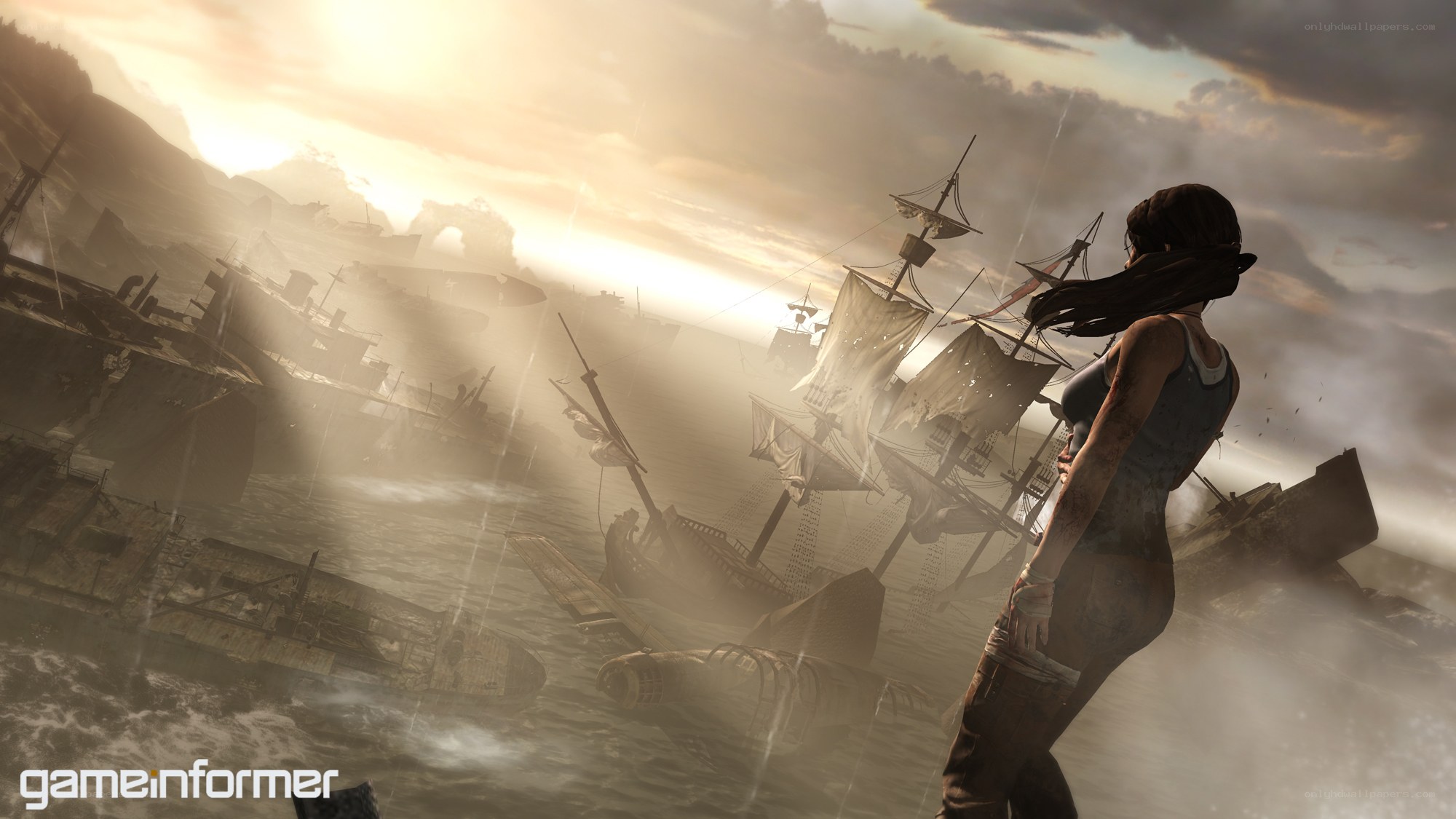 Lara Croft in shipwrecked harbor