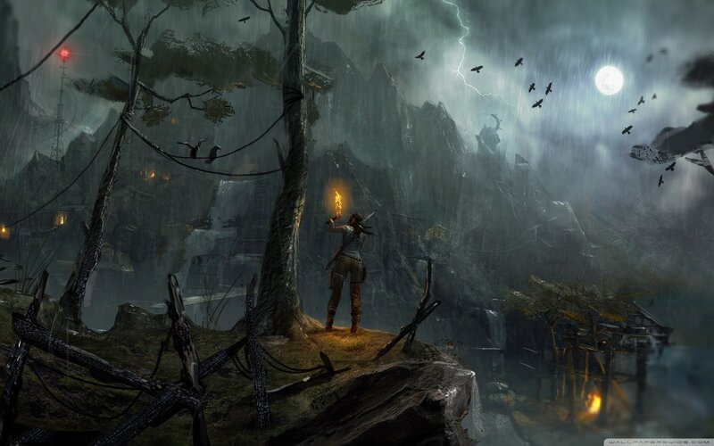 Lara Croft in Storm — Gray, Dramatic, Tense