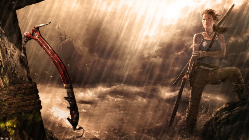 Lara Croft in stormy landscape