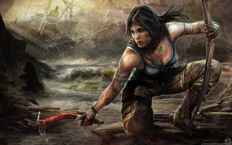 Lara Croft in stormy wreckage