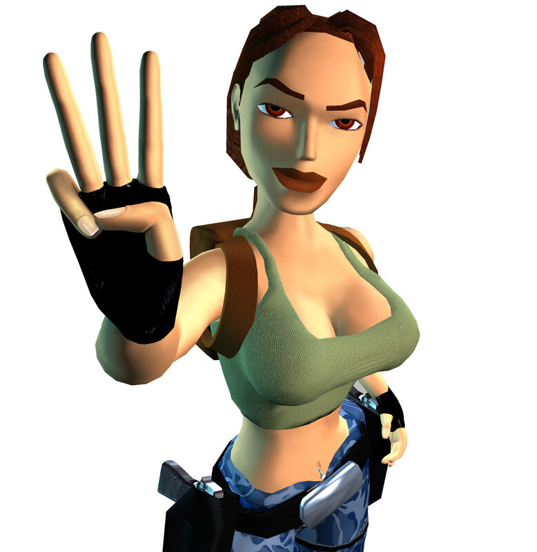 Lara Croft making a peace sign