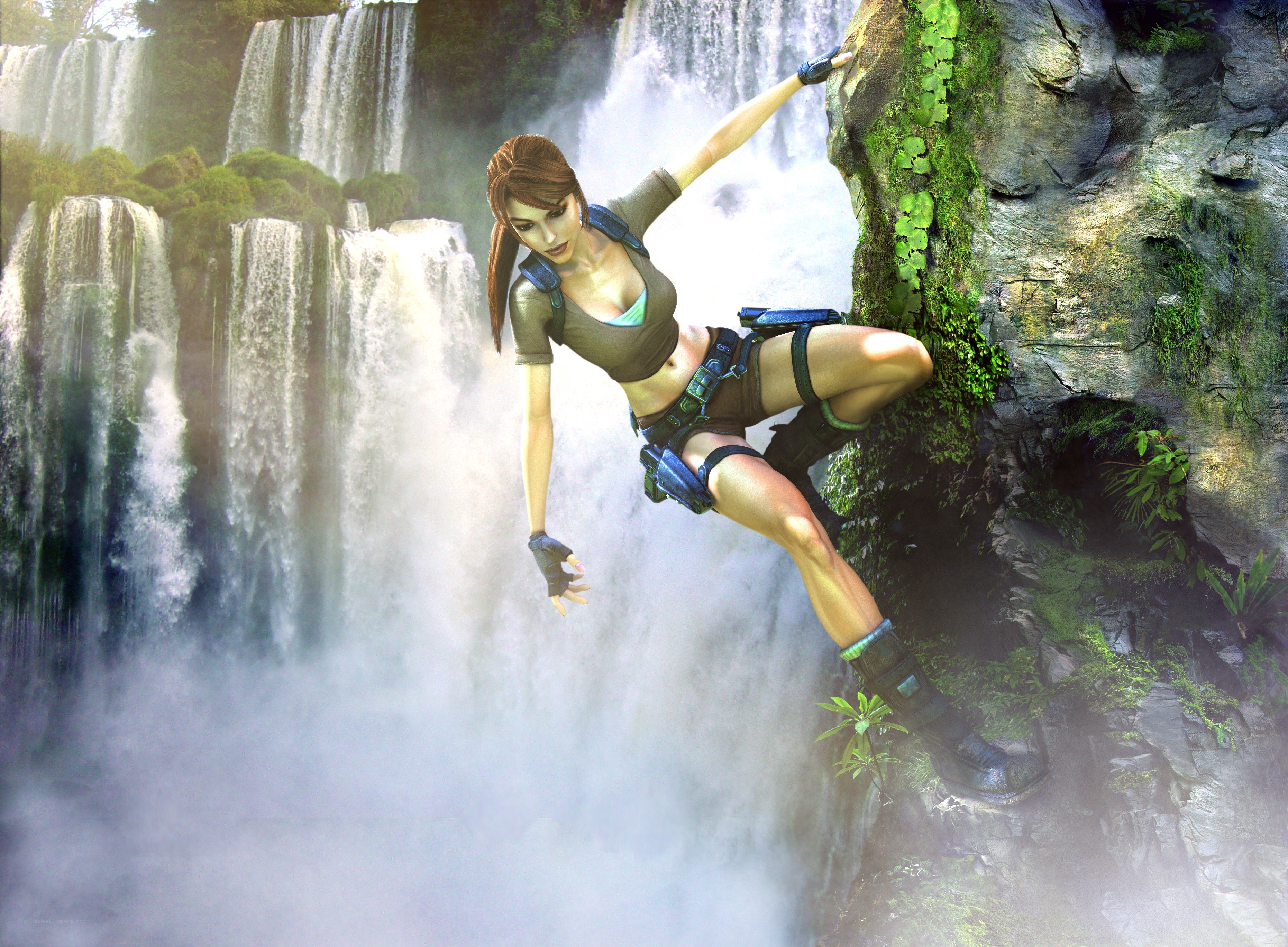Lara Croft near waterfall