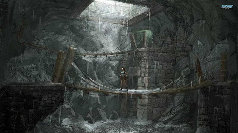 Lara Croft on a Bridge — Gray, Dramatic