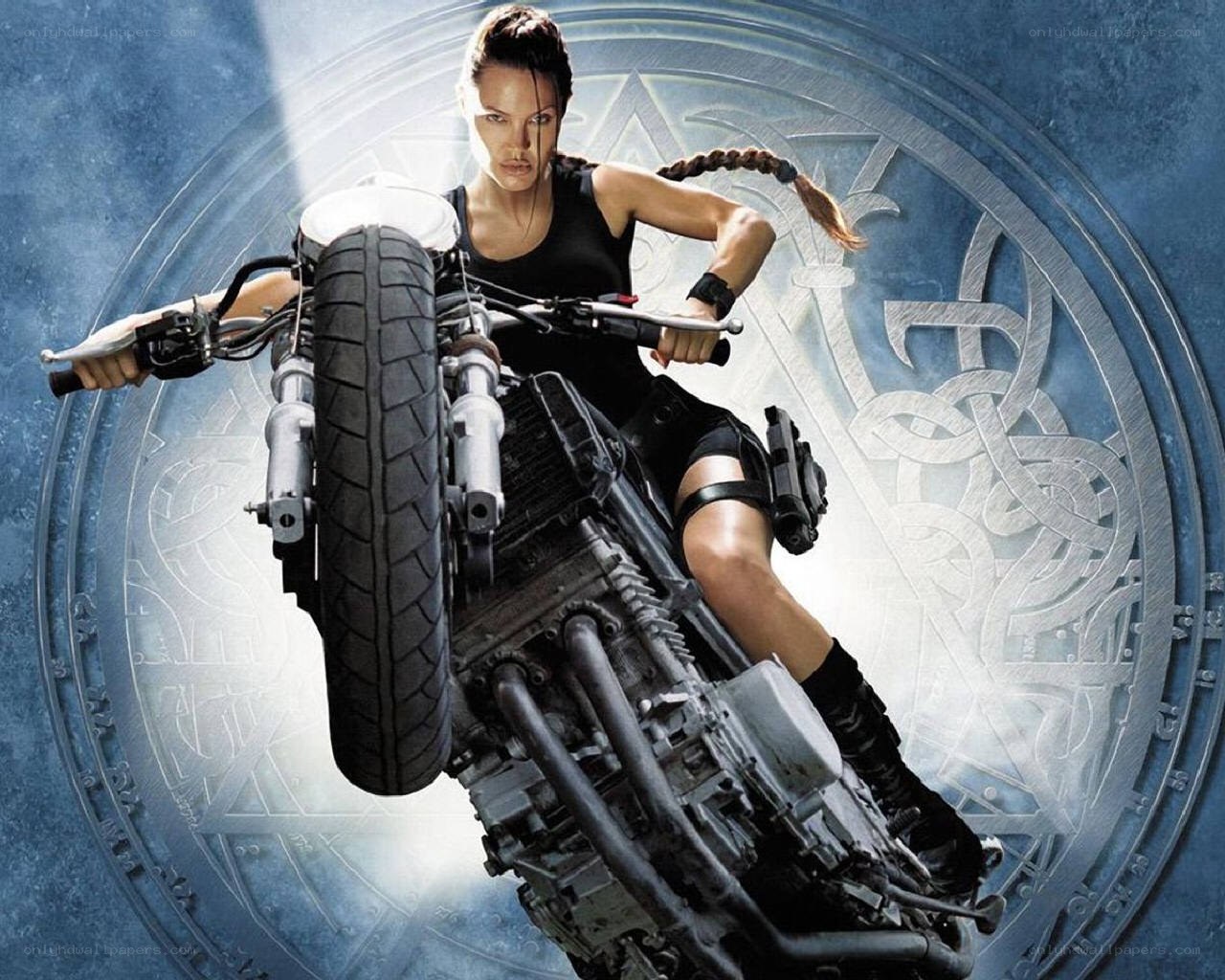 Lara Croft on a motorcycle