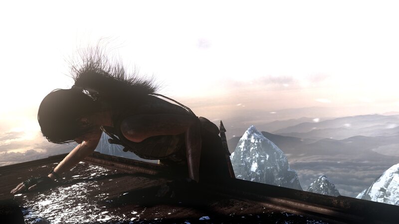 Lara Croft on a mountain ledge