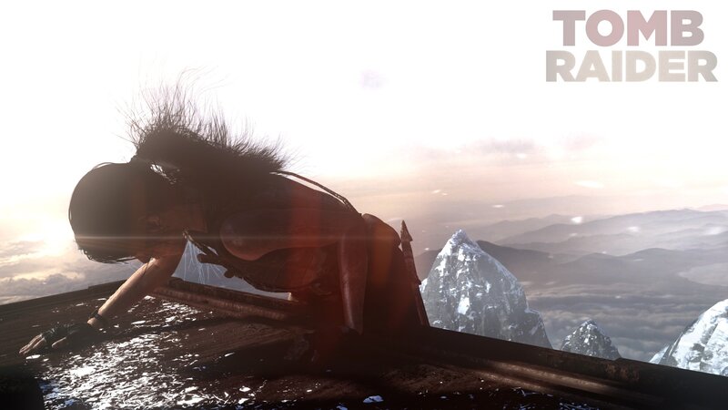Lara Croft on a mountain ledge