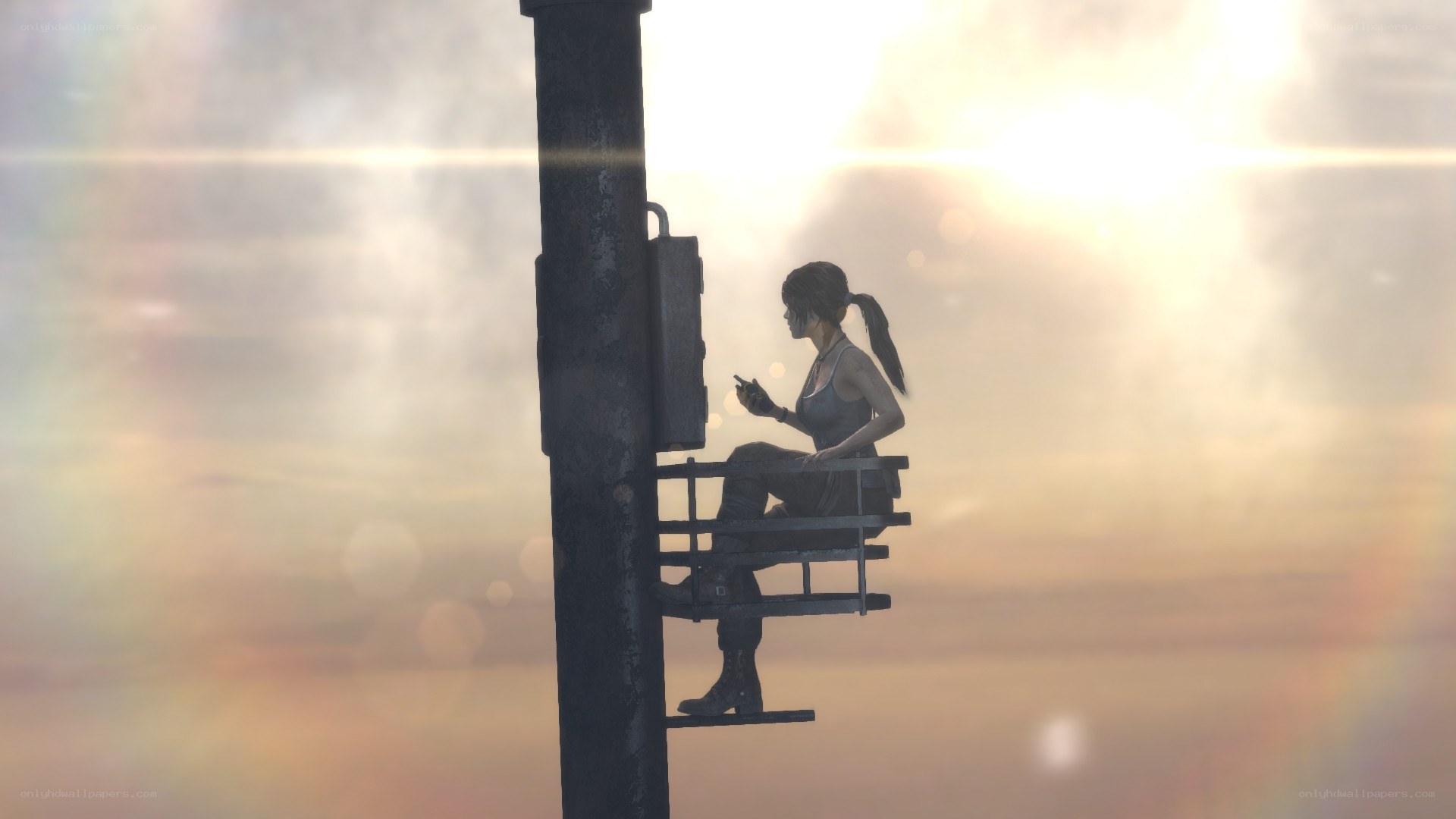 Lara Croft on a platform at sunset