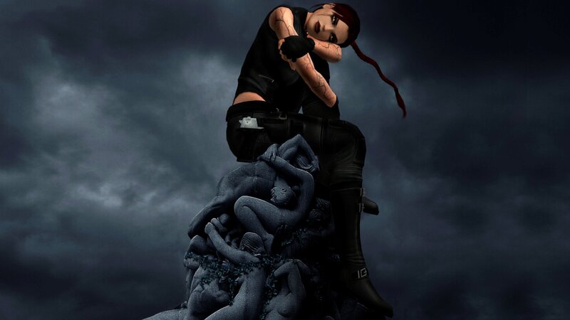 Lara Croft on a statue