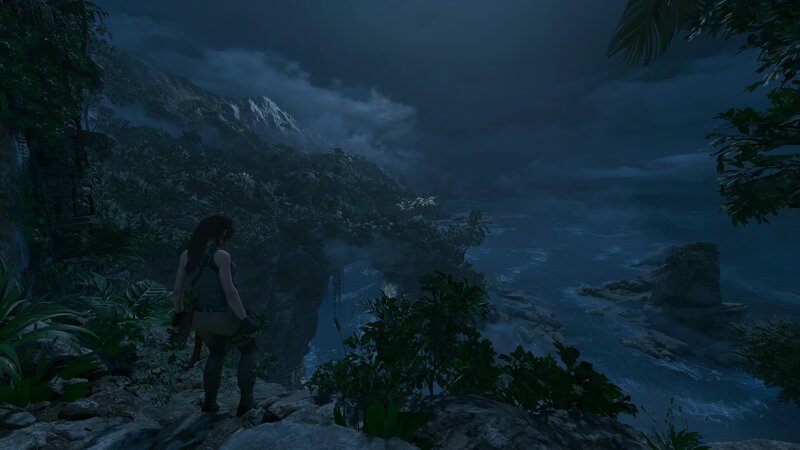 Lara Croft on Cliff — Blue, Dark, Dramatic