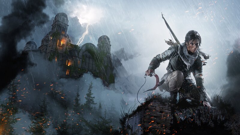 Lara Croft on Cliff — Gray, Dramatic, Tense