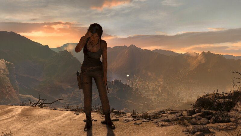 Lara Croft on Cliff — Orange, Dramatic