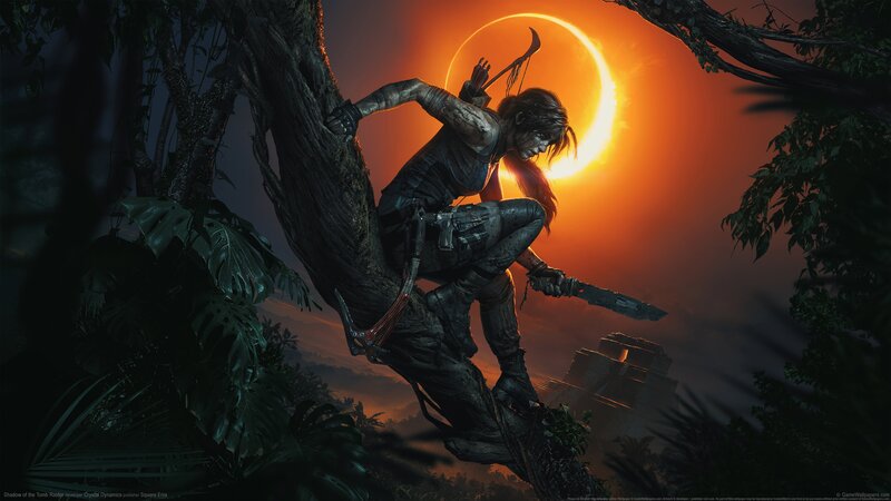 Lara Croft on Tree Branch — Orange, Dramatic