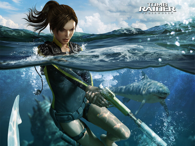 Lara Croft Swimming — Blue, Dramatic