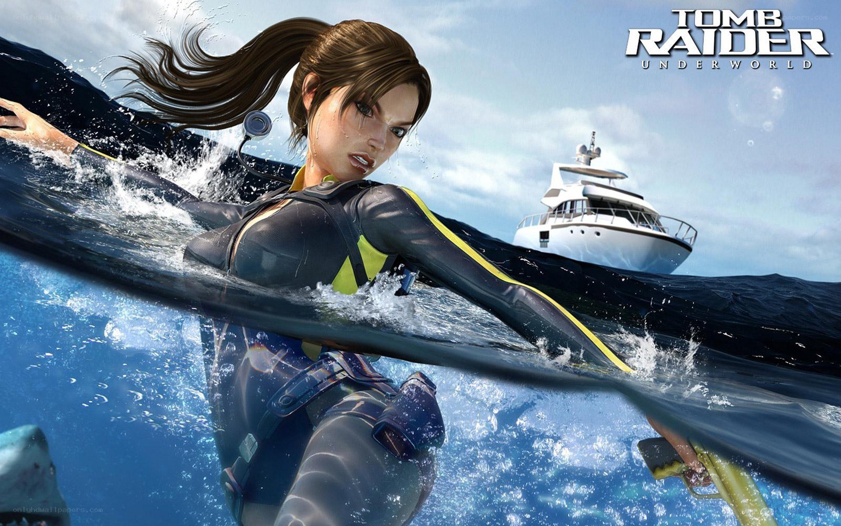 Lara Croft swimming underwater