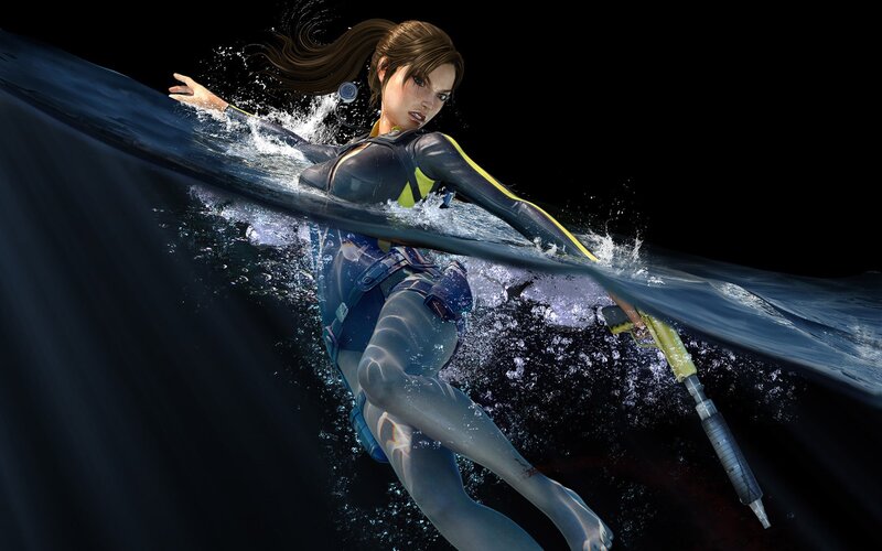 Lara Croft swimming underwater