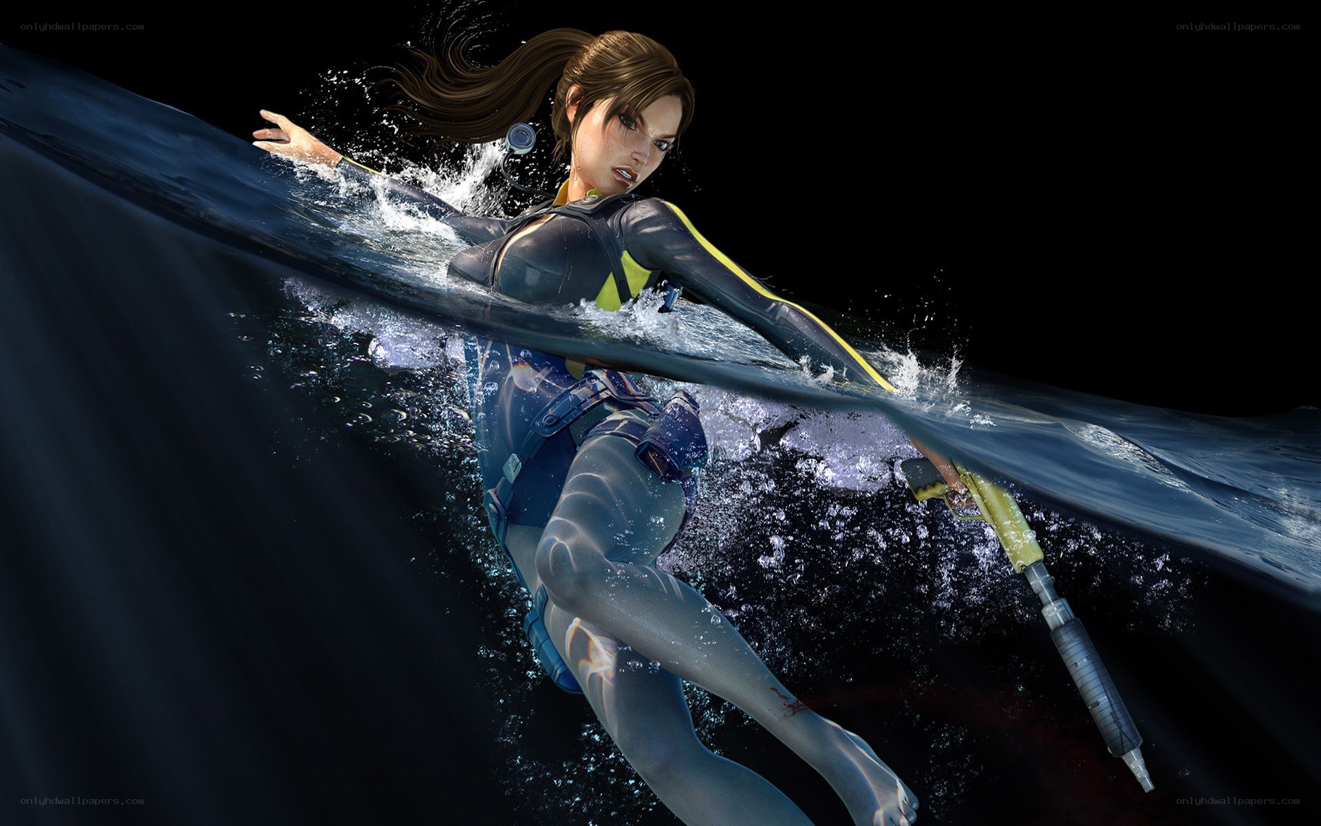 Lara Croft swimming underwater