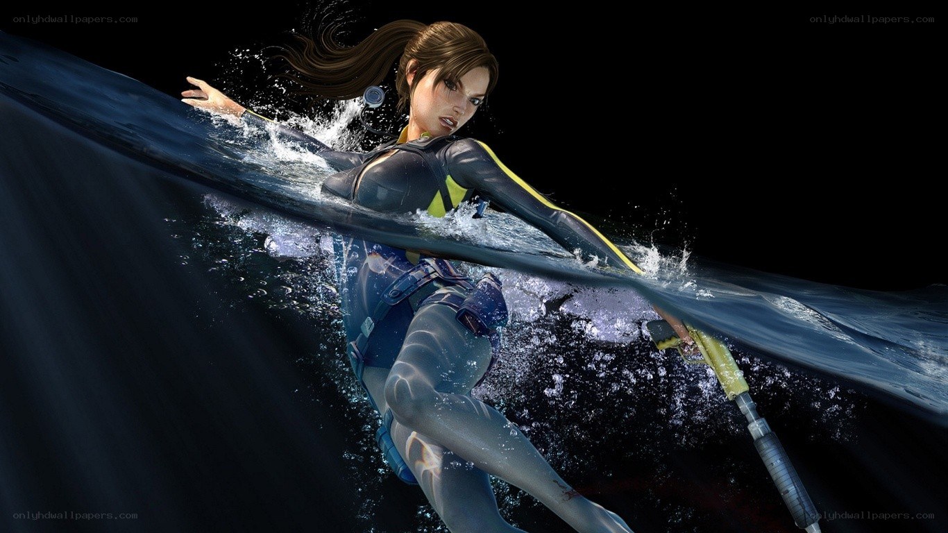 Lara Croft swimming underwater