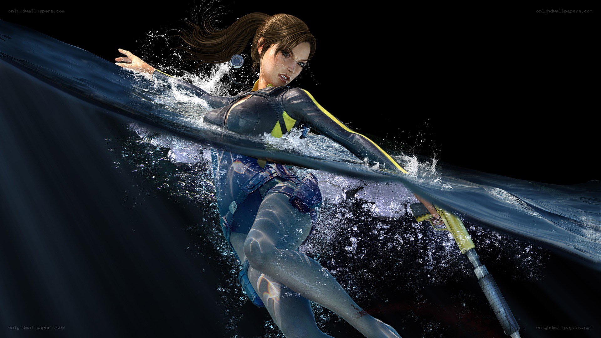 Lara Croft swimming underwater