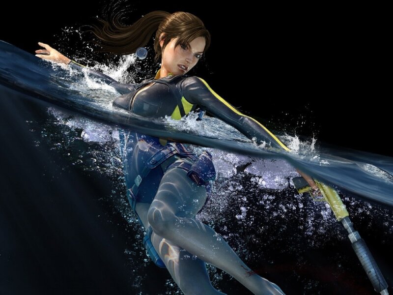 Lara Croft swimming underwater