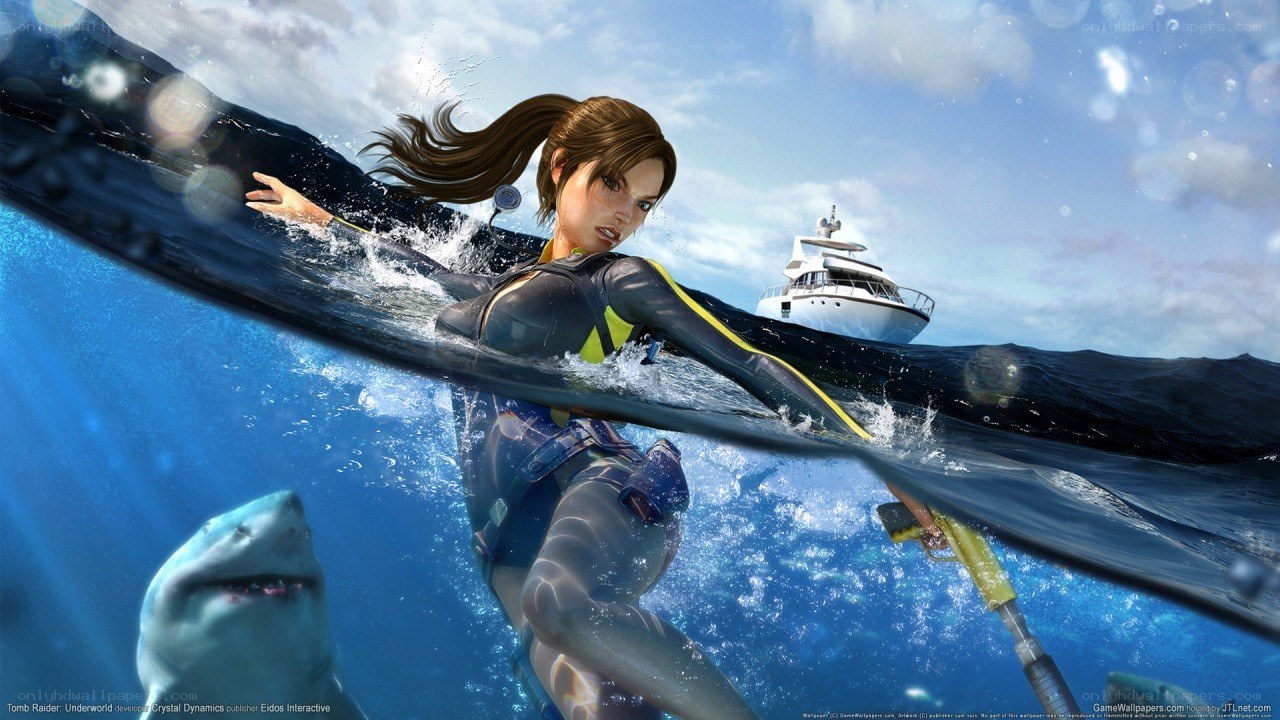 Lara Croft swimming with shark
