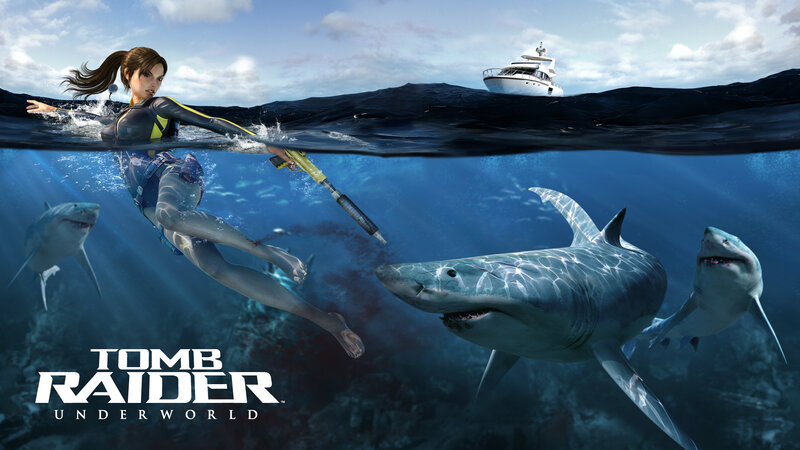 Lara Croft Swimming with Sharks — Blue