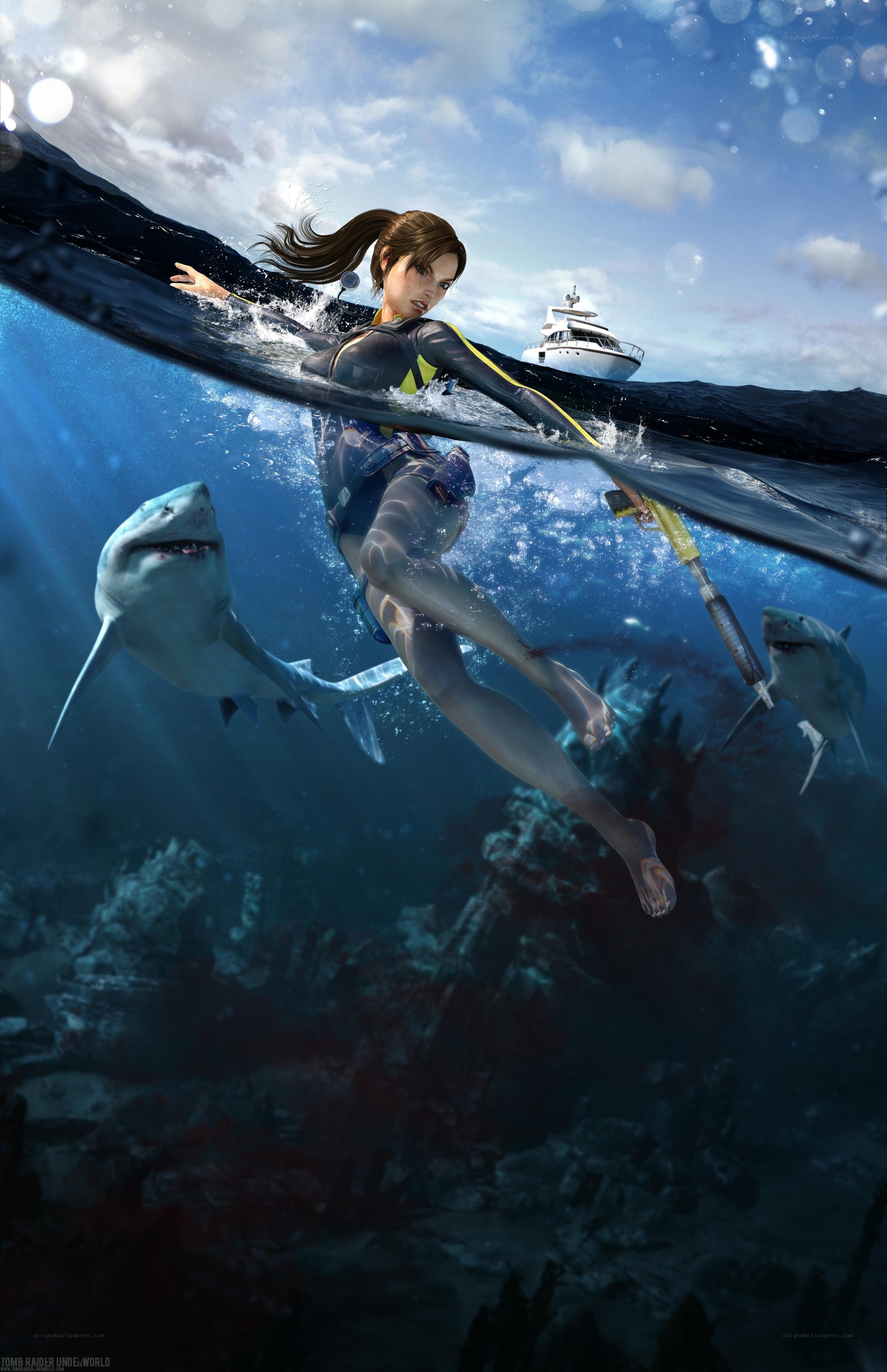 Lara Croft swimming with sharks