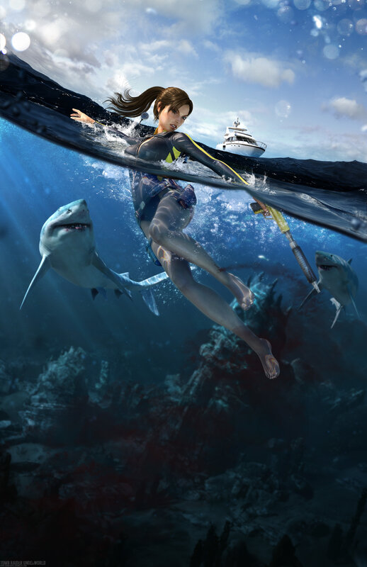 Lara Croft swims with sharks