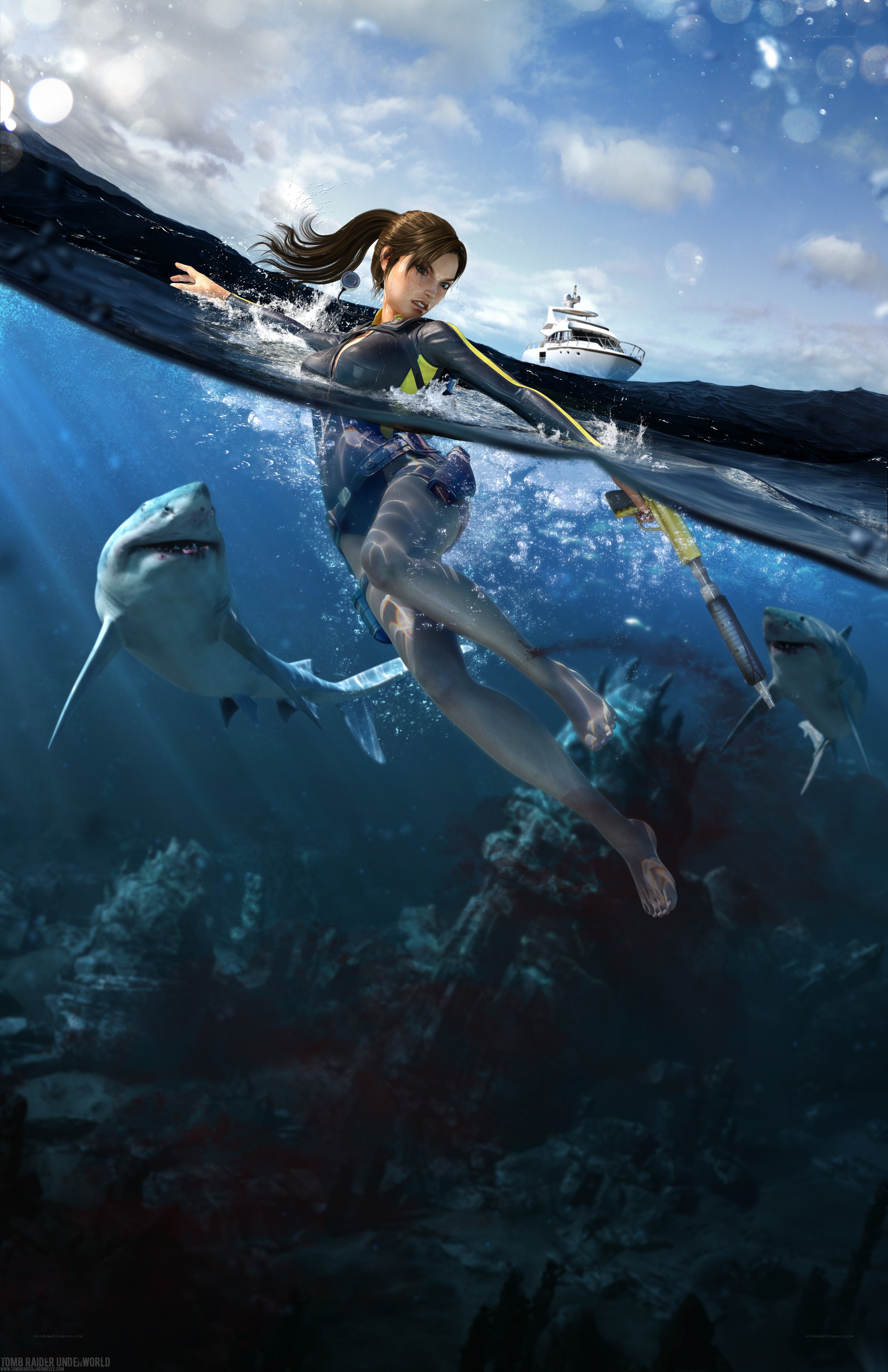 Lara Croft swims with sharks
