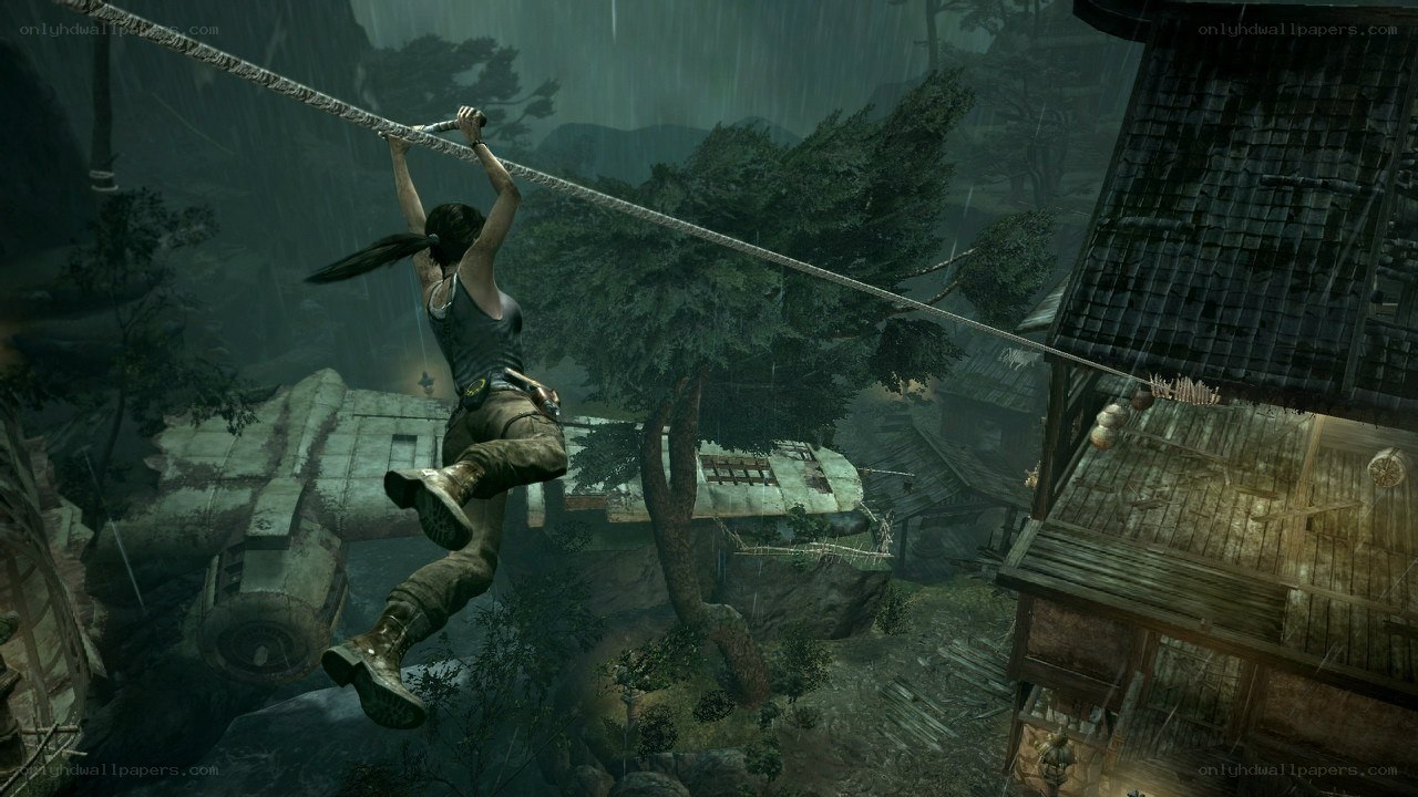 Lara Croft swinging on a rope