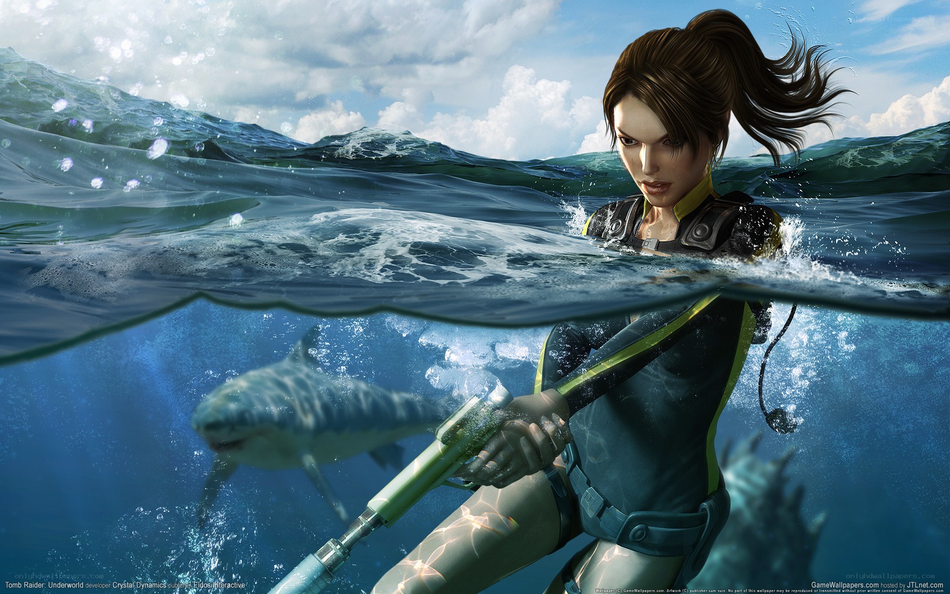 Lara Croft underwater with shark