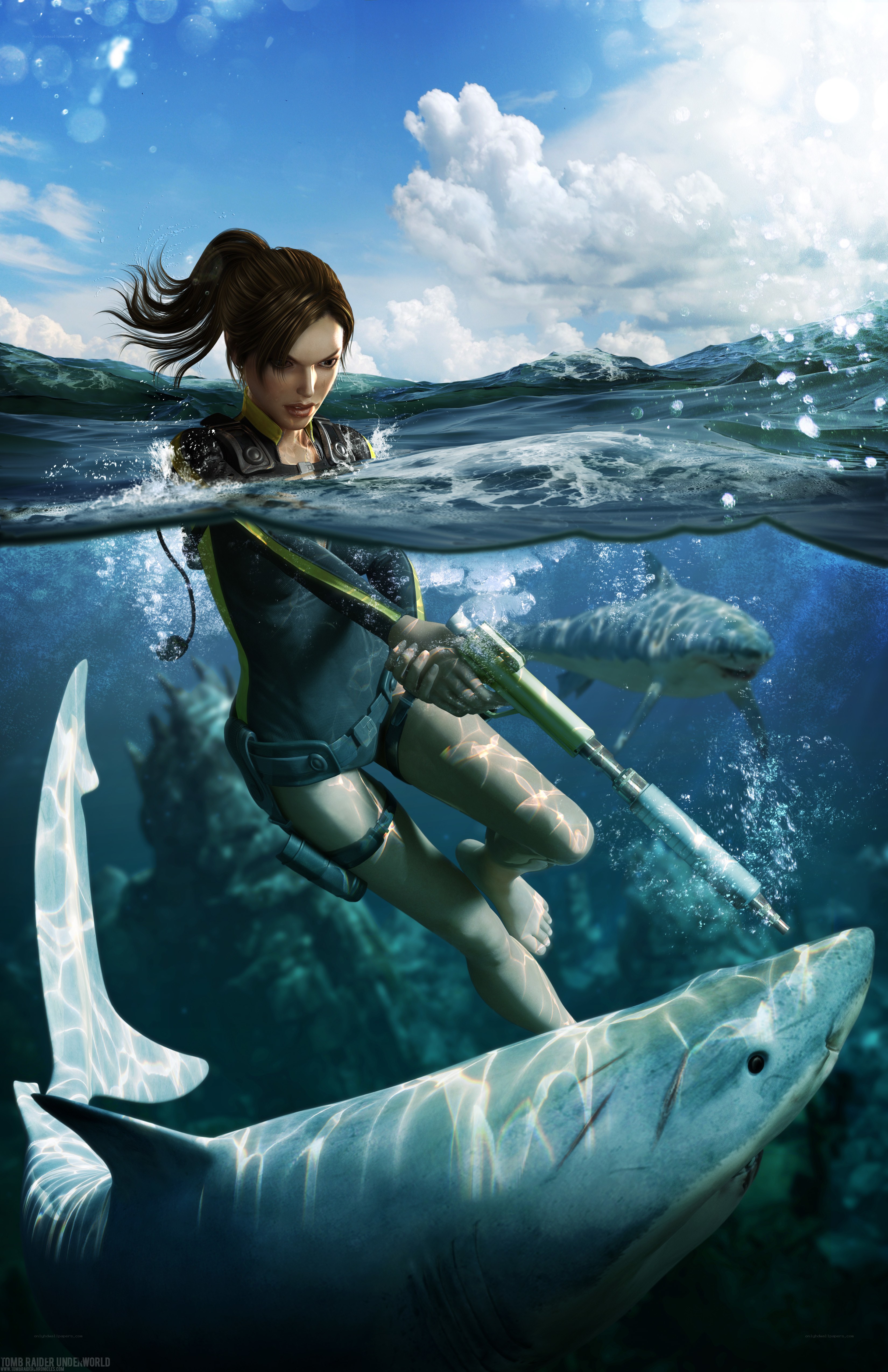 Lara Croft underwater with sharks