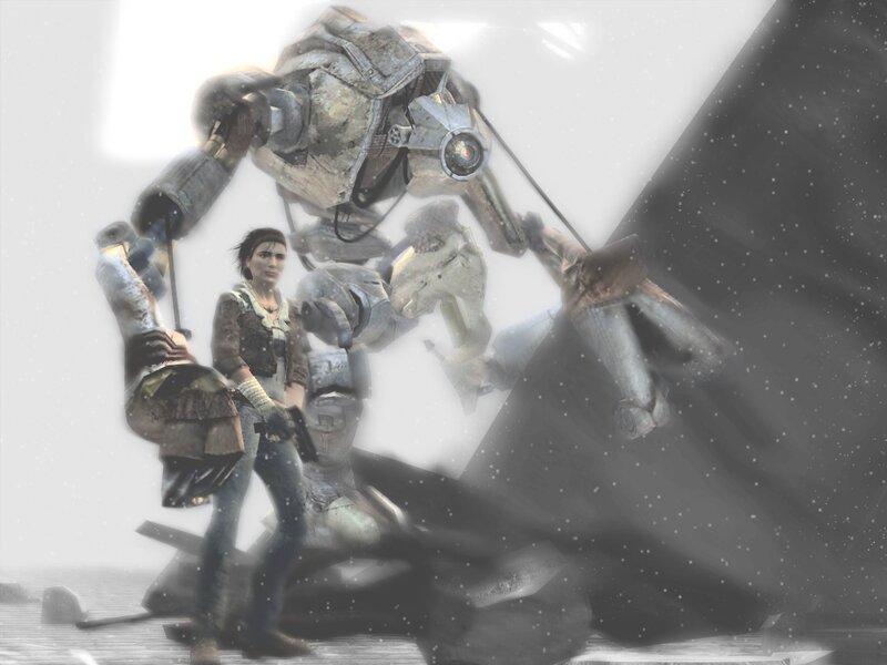 Lara Croft vs robot in snow