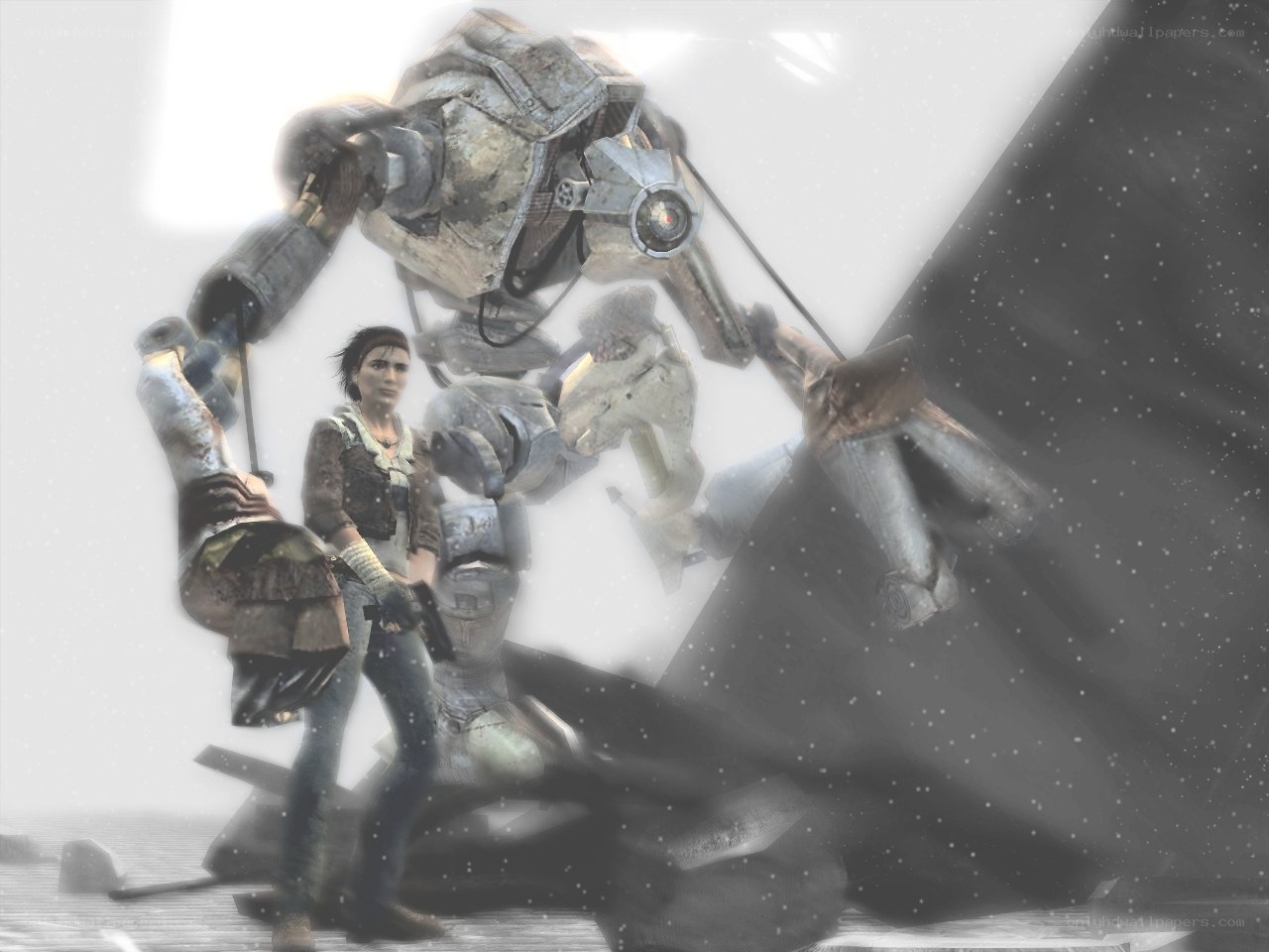 Lara Croft vs robot in snow