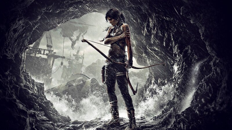 Lara Croft with Bow — Black, Dramatic, Digital Art, Cave, Shipwreck, Rain, White