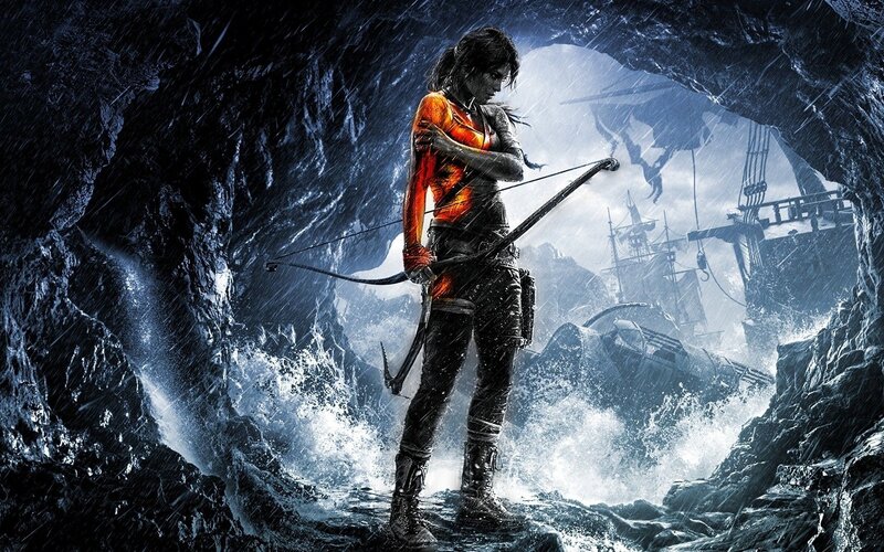Lara Croft with Bow — Black, Dramatic, Digital Art, Cave